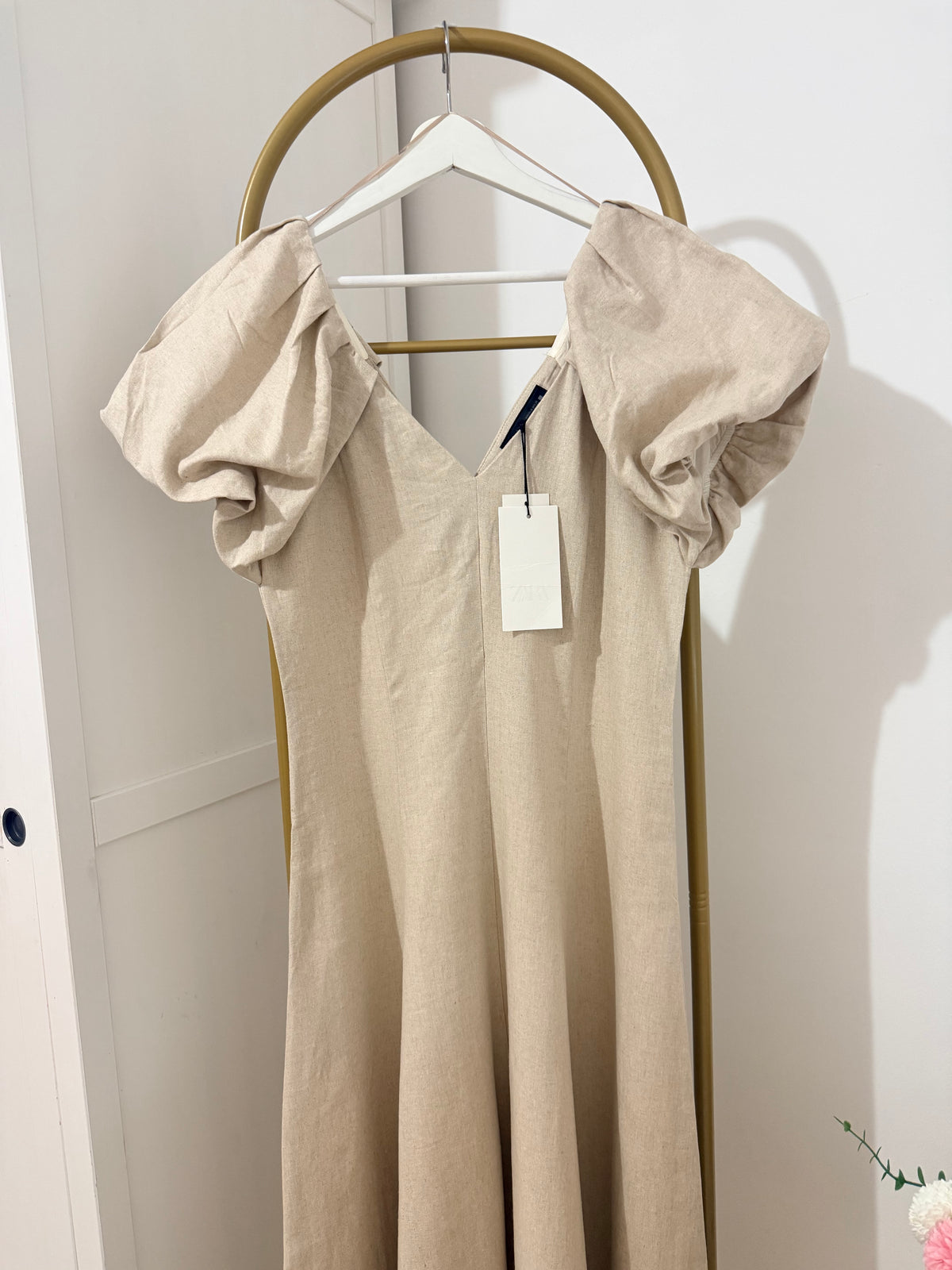Linen Beige Short Sleeves Midi Dress