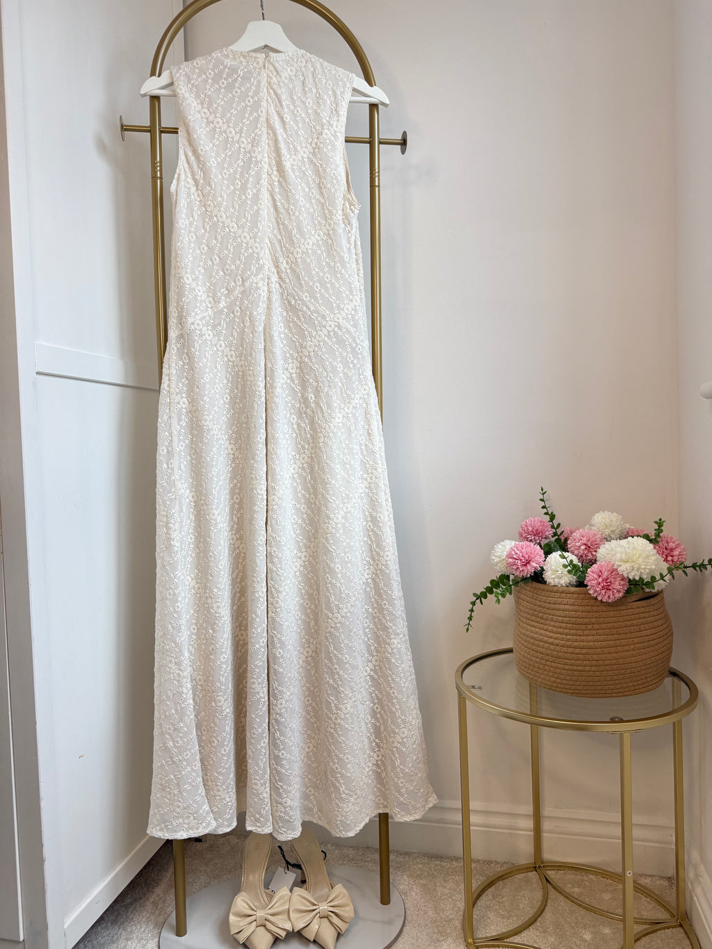 Cream Embroidered Sleeveless Midi Dress