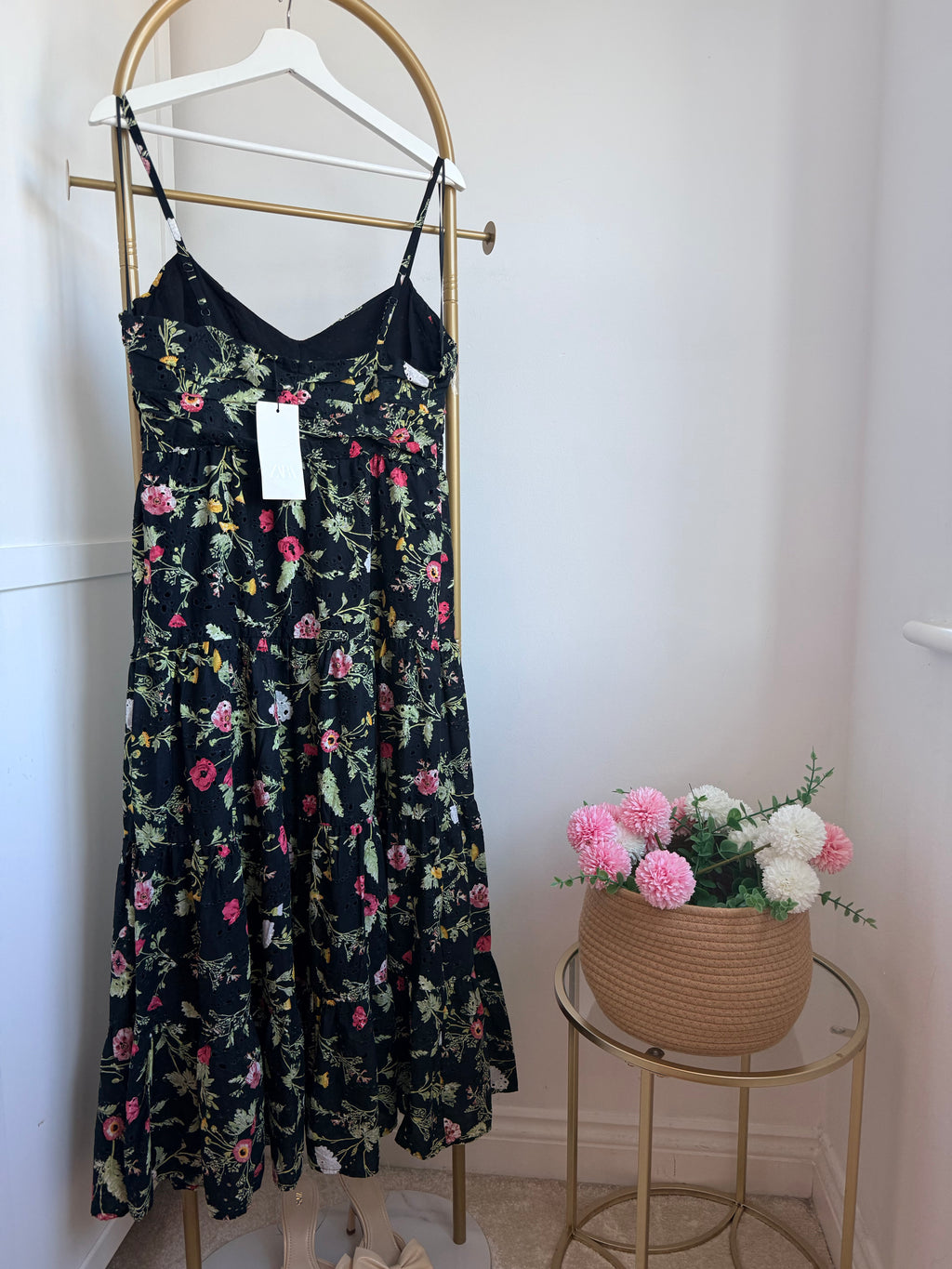 Black Floral Embroidered Sleeveless Midi Dress