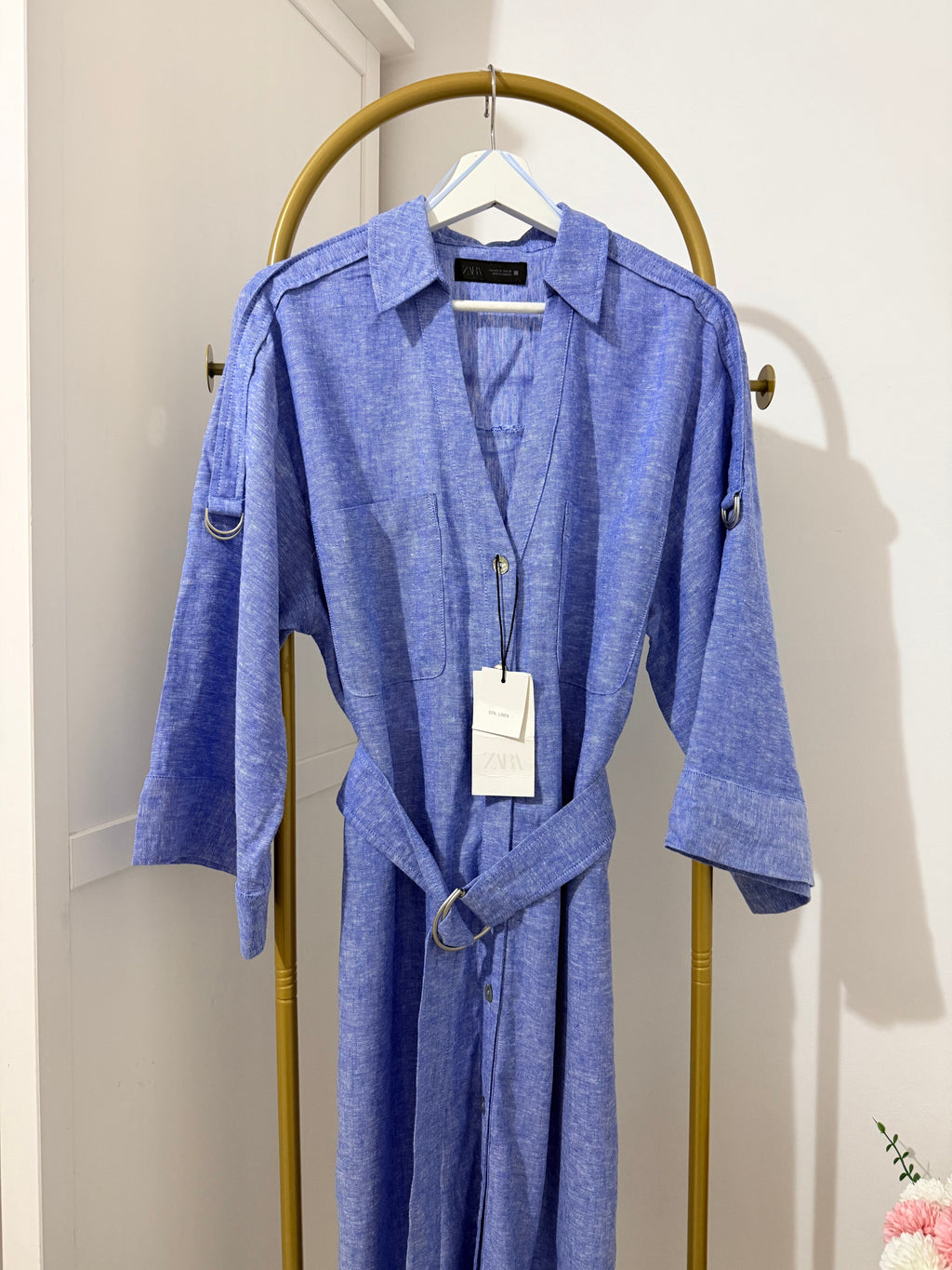 Blue Linen Belted Shirt Dress