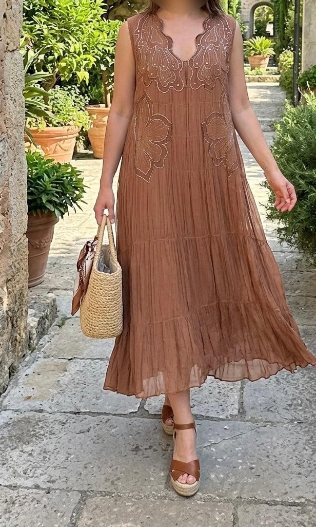 Zara brown embroidered sequins midi dress