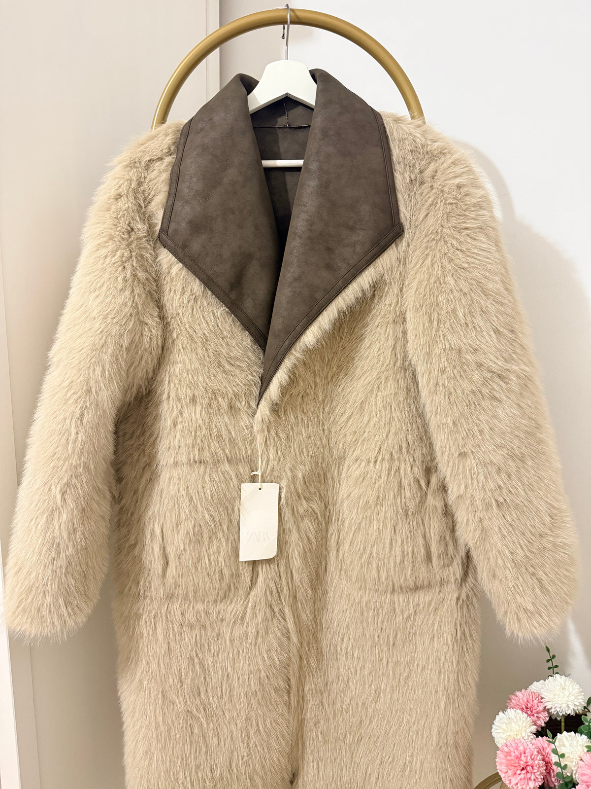     Zara beige reversible faux fur coat with brown lapels