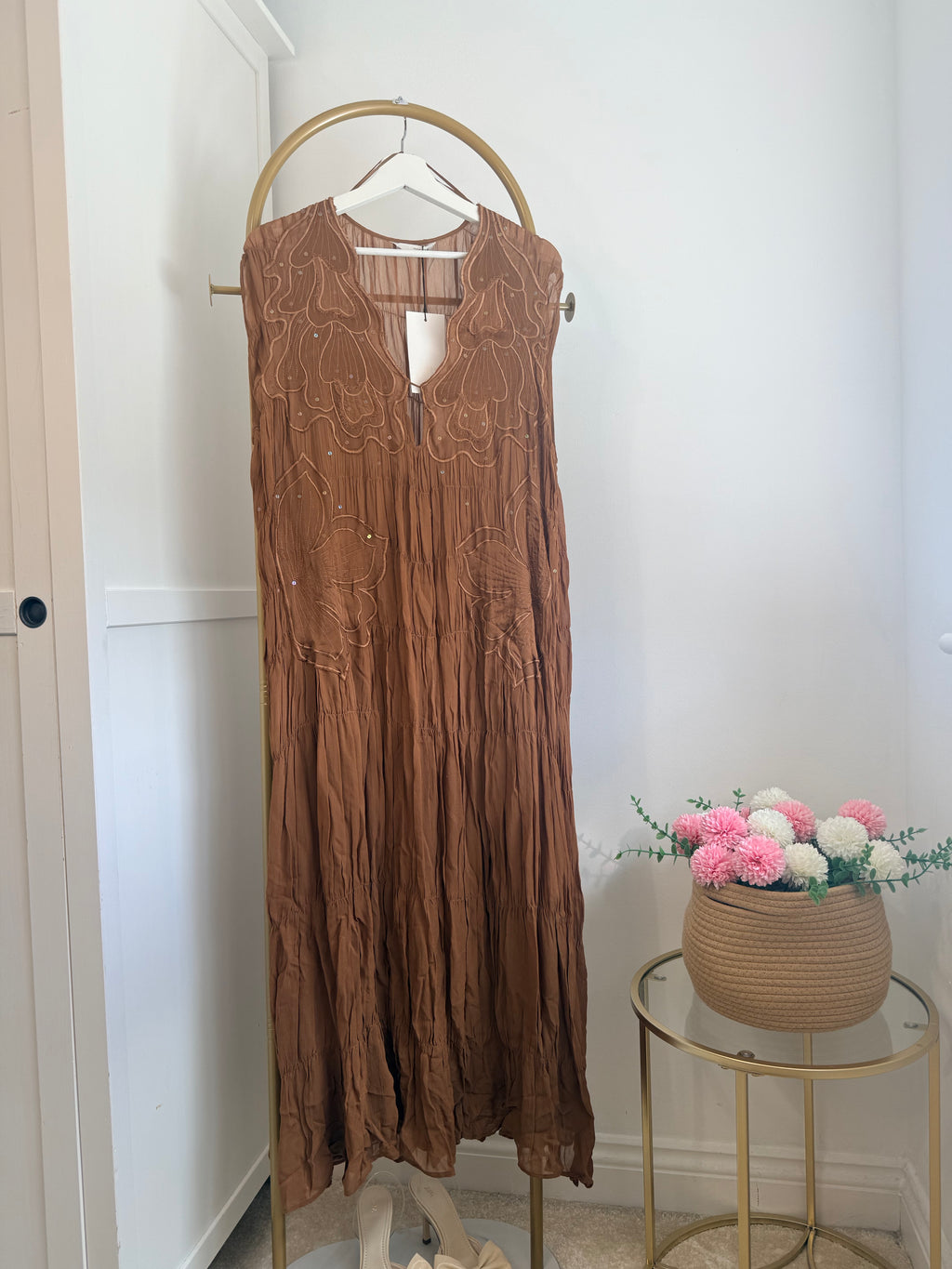Zara Brown Embroidered Sequins Midi Dress 5107/271