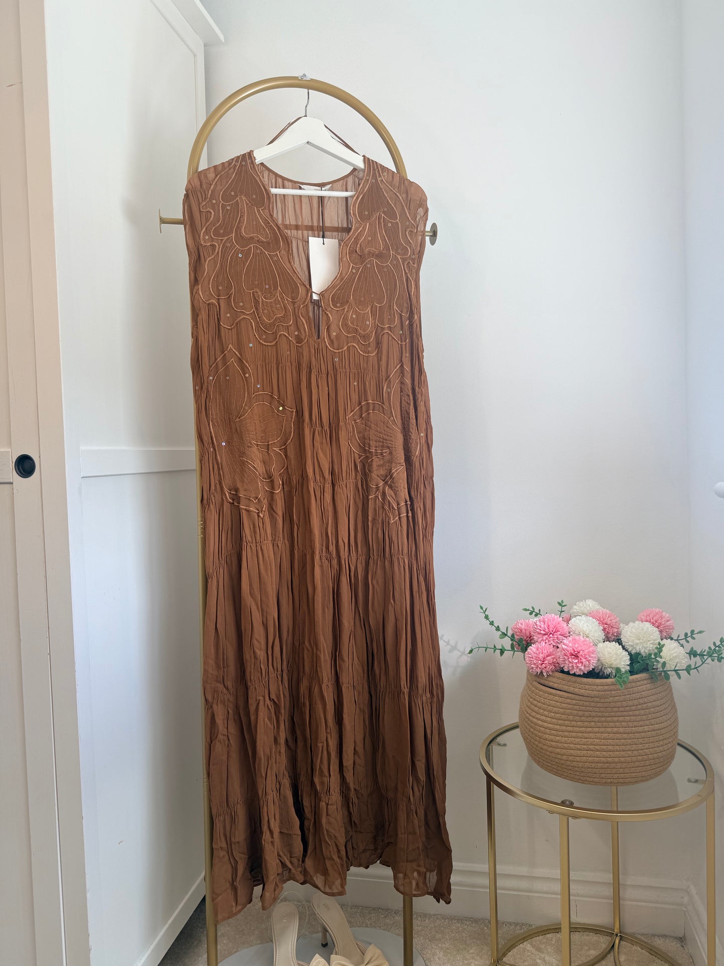 Zara brown embroidered sequins midi dress