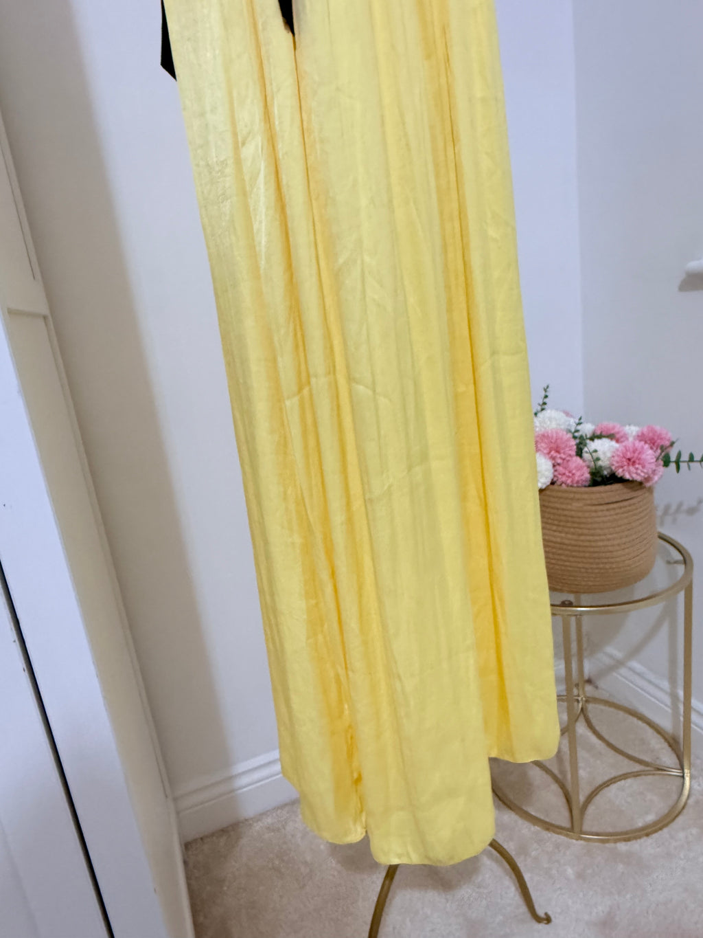 Yellow Pleated Satin Midi Dress