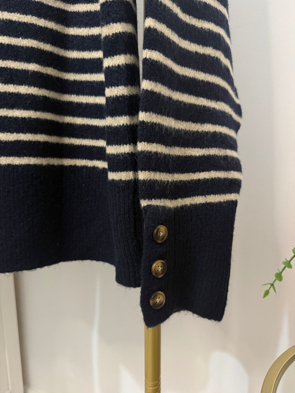     Zara navy striped jumper sleeve with button cuff detail