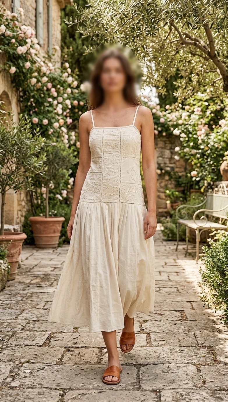 Cream Embroidered Crochet Midi Dress