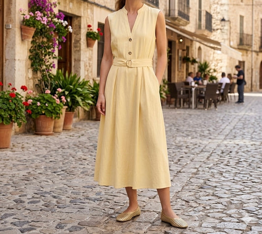Zara yellow sleeveless poplin belted midi dress 5029/128