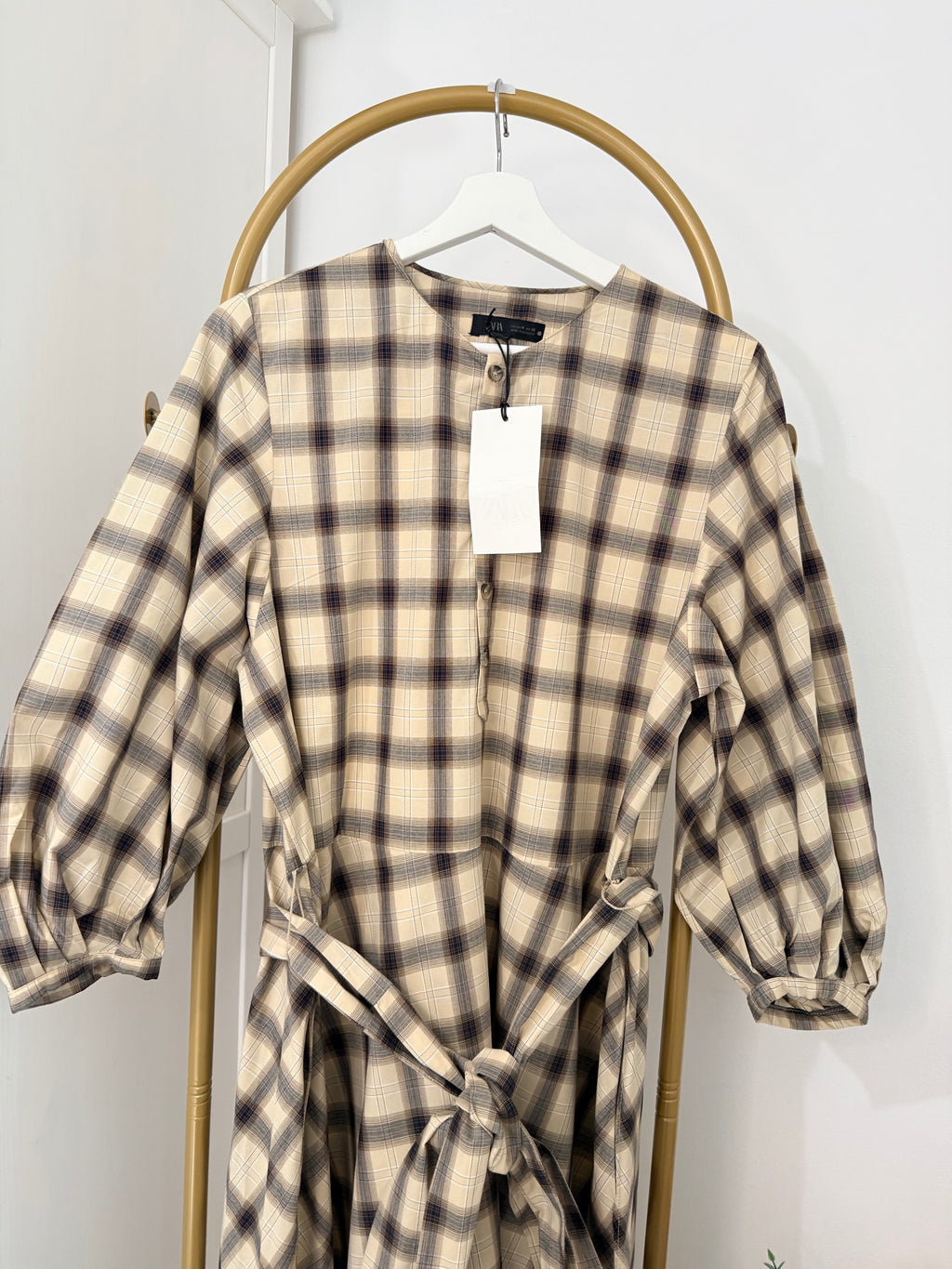 Beige Checked Belted Midi Dress