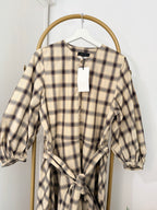 Beige Checked Belted Midi Dress