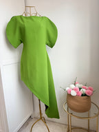 Green short sleeves asymmetrical midi dress