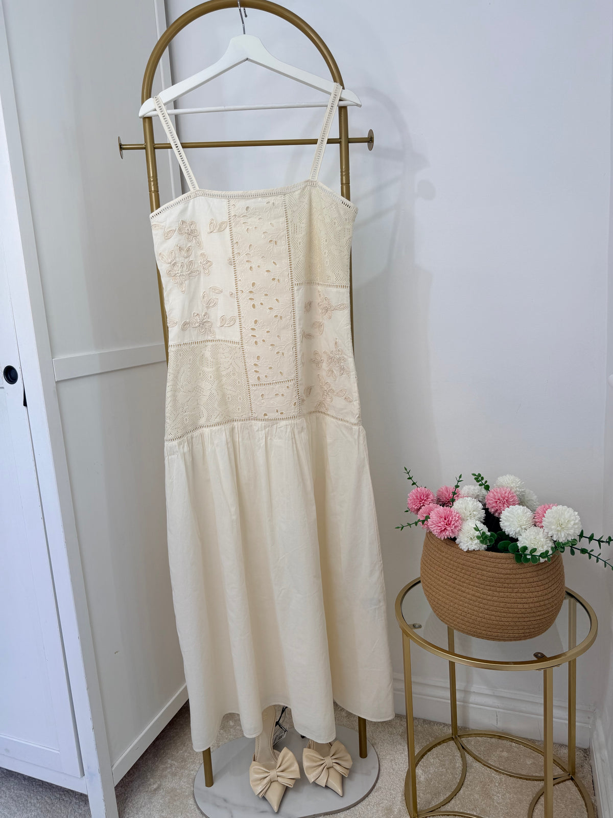 Cream Embroidered Crochet Midi Dress