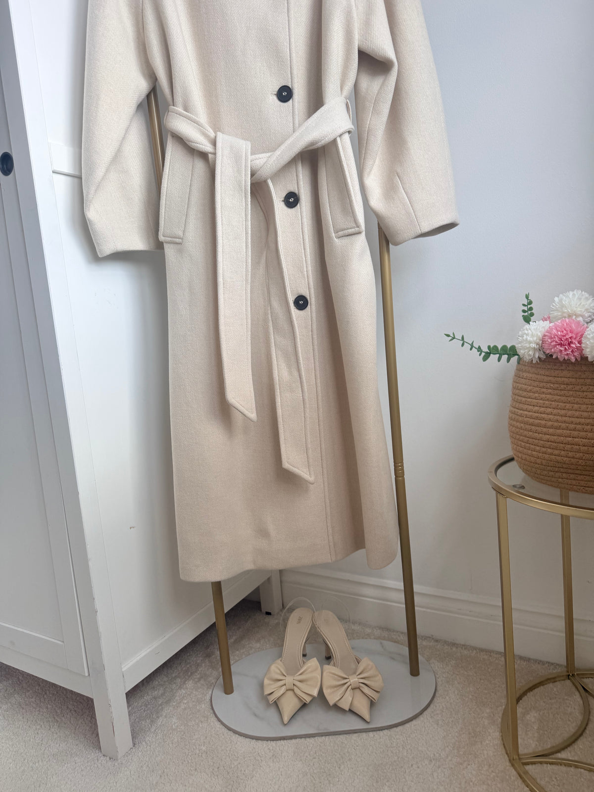     Zara cream button front long coat full view