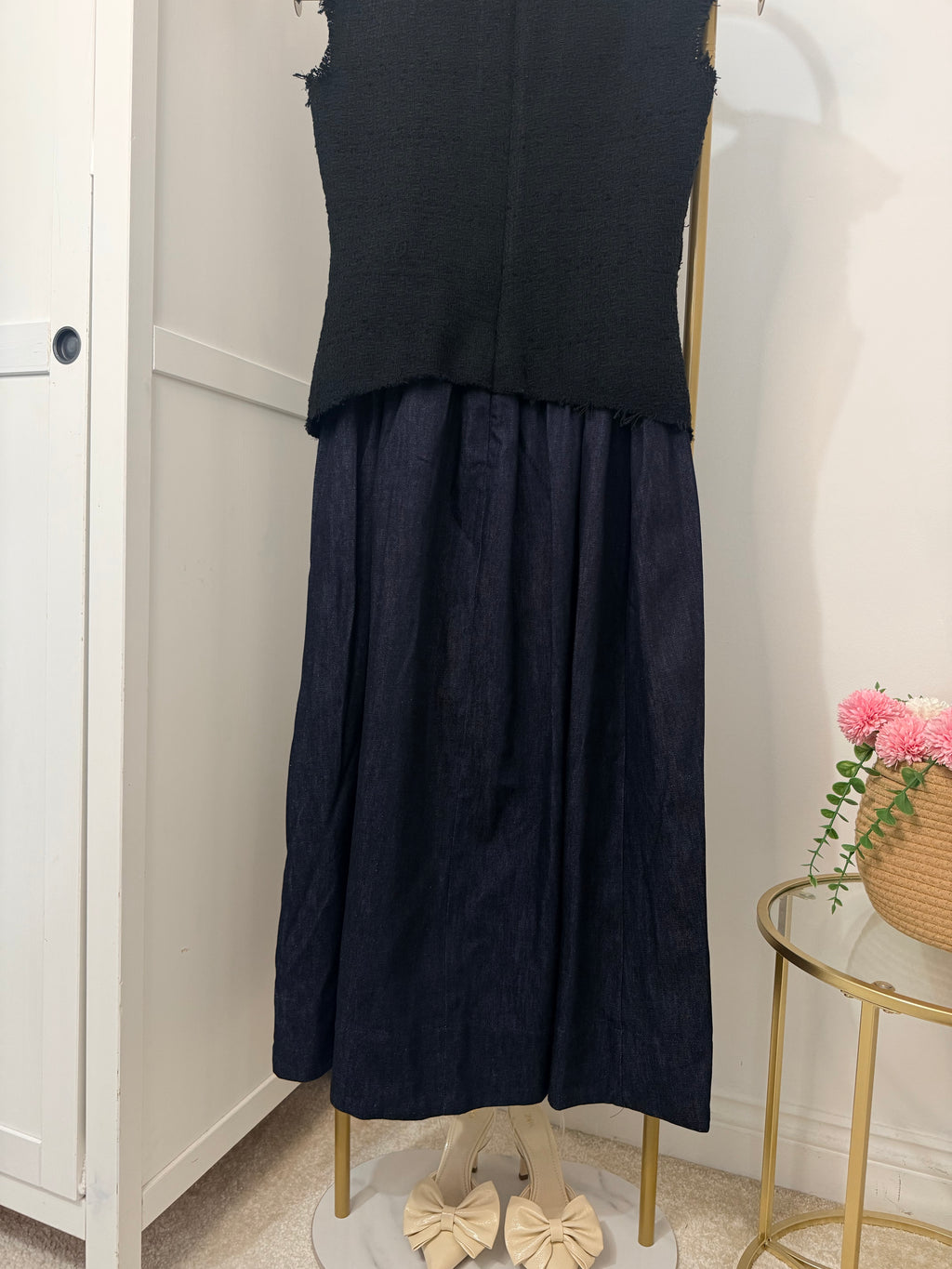 Tweed Denim Combined Sleeveless Midi Dress