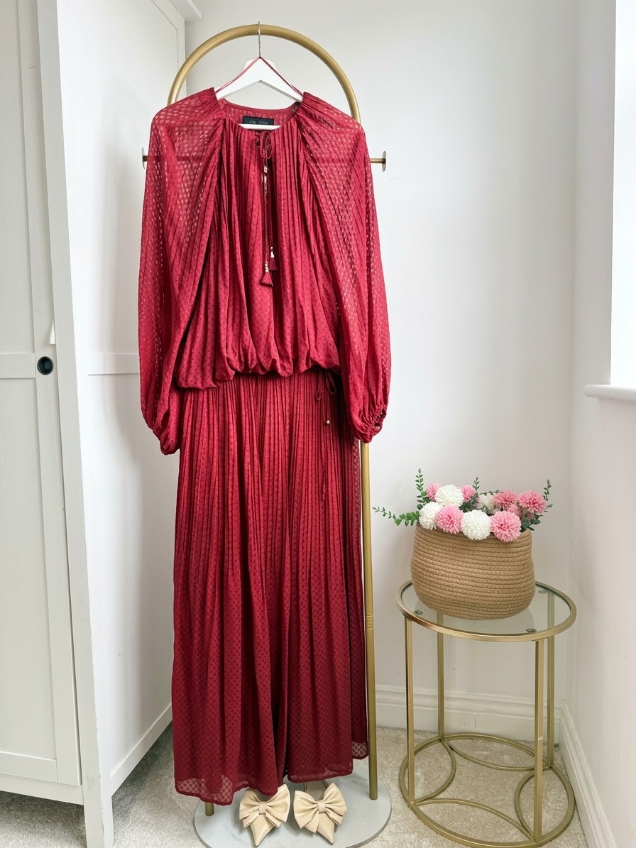     Zara burgundy pleated skirt and blouse co-ord set front view
