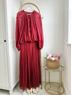    Zara burgundy pleated skirt and blouse co-ord set front view
