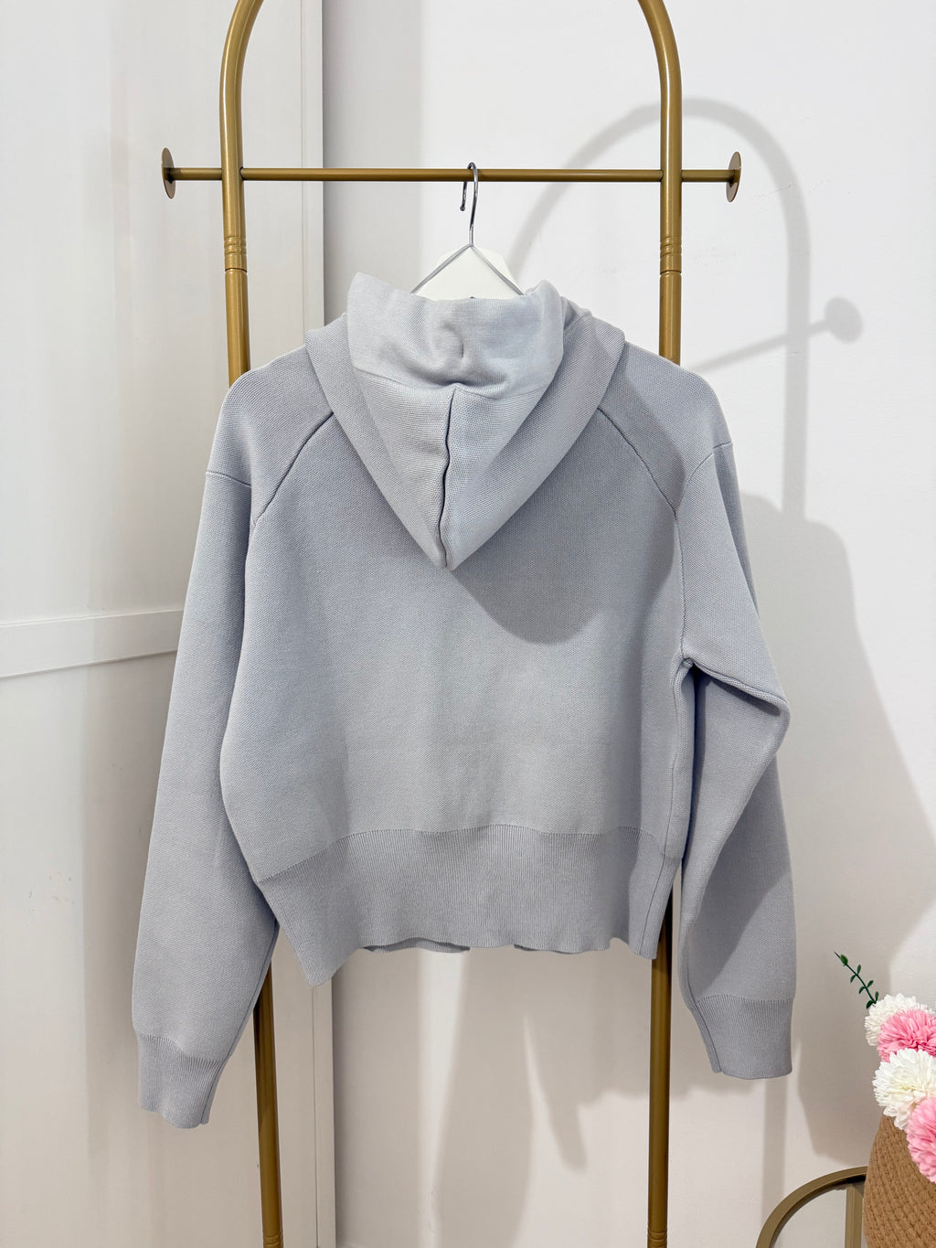     Zara grey hooded knit cardigan back view showing hood