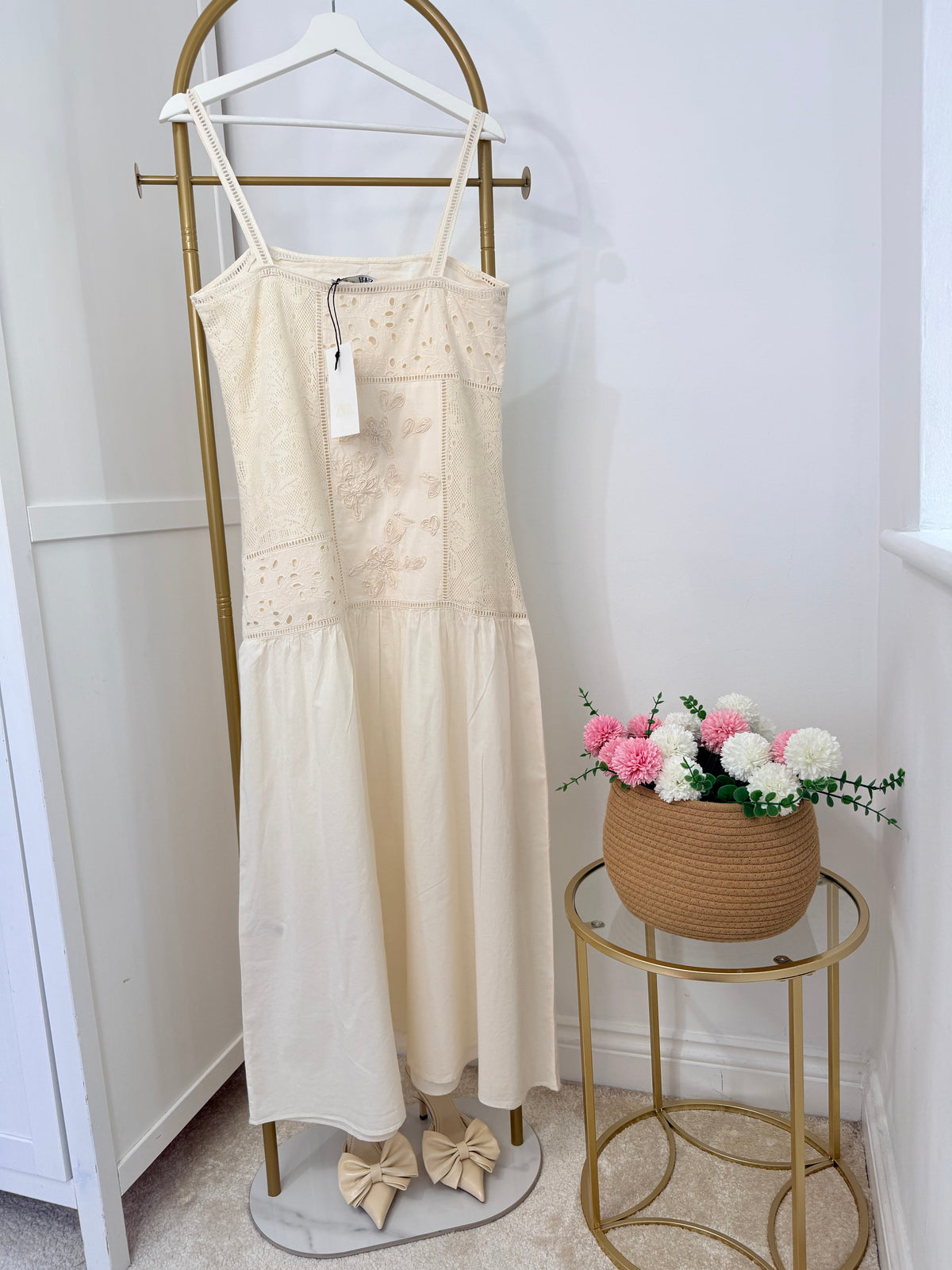 Cream Embroidered Crochet Midi Dress