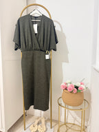     Zara khaki green knit belted midi dress front view