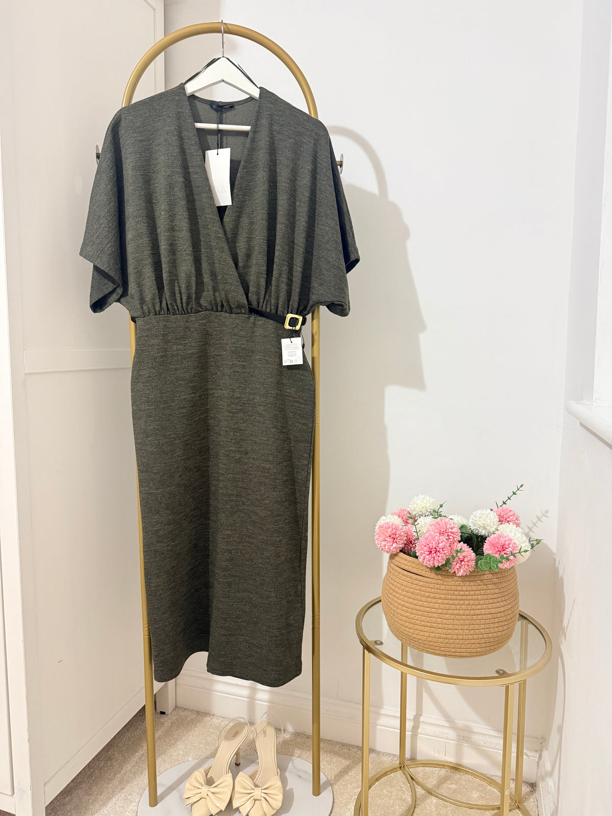     Zara khaki green knit belted midi dress front view