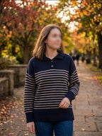     Zara navy blue and beige striped knit jumper worn by model