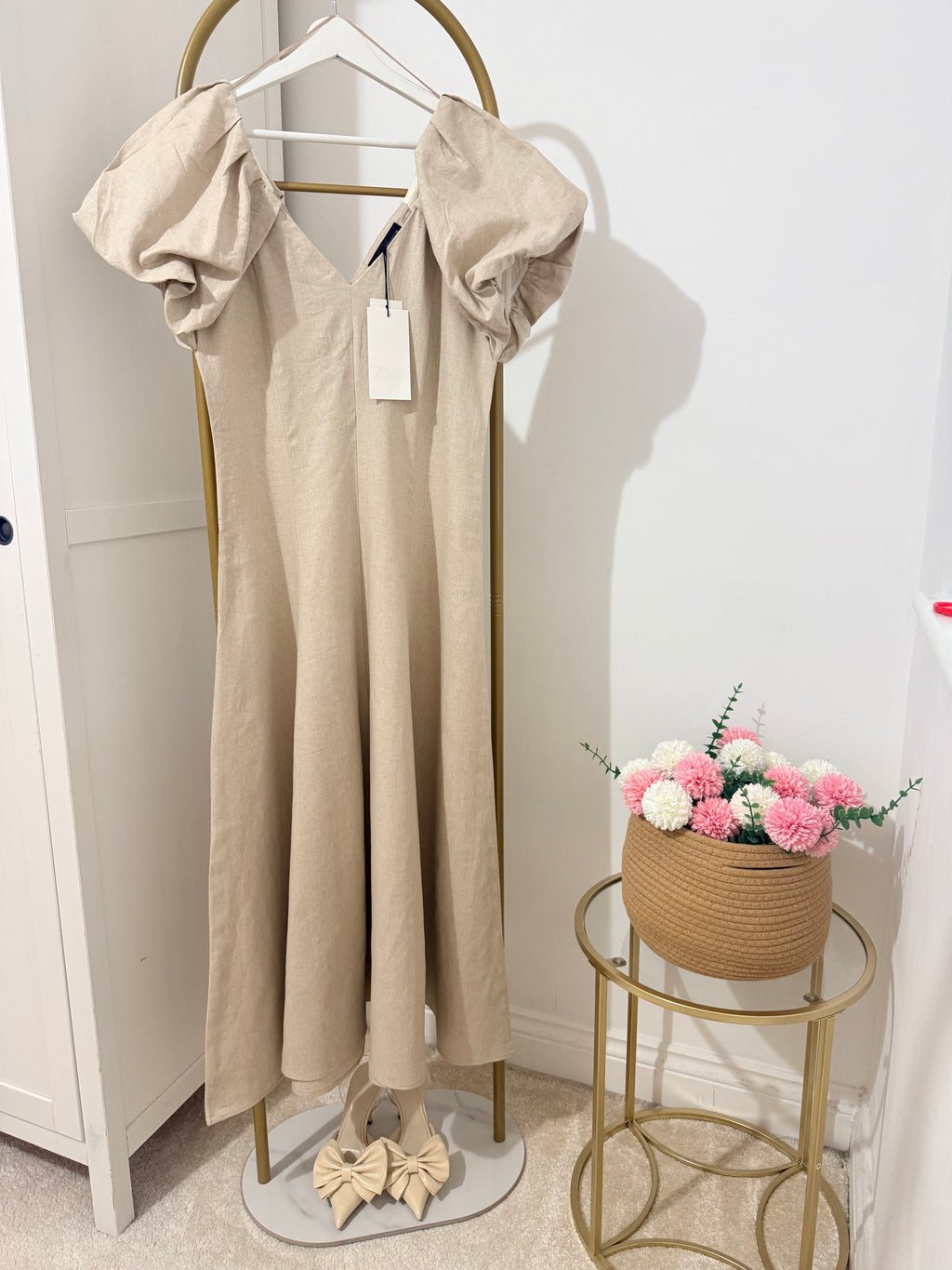Linen Beige Short Sleeves Midi Dress