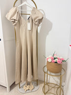 Linen Beige Short Sleeves Midi Dress