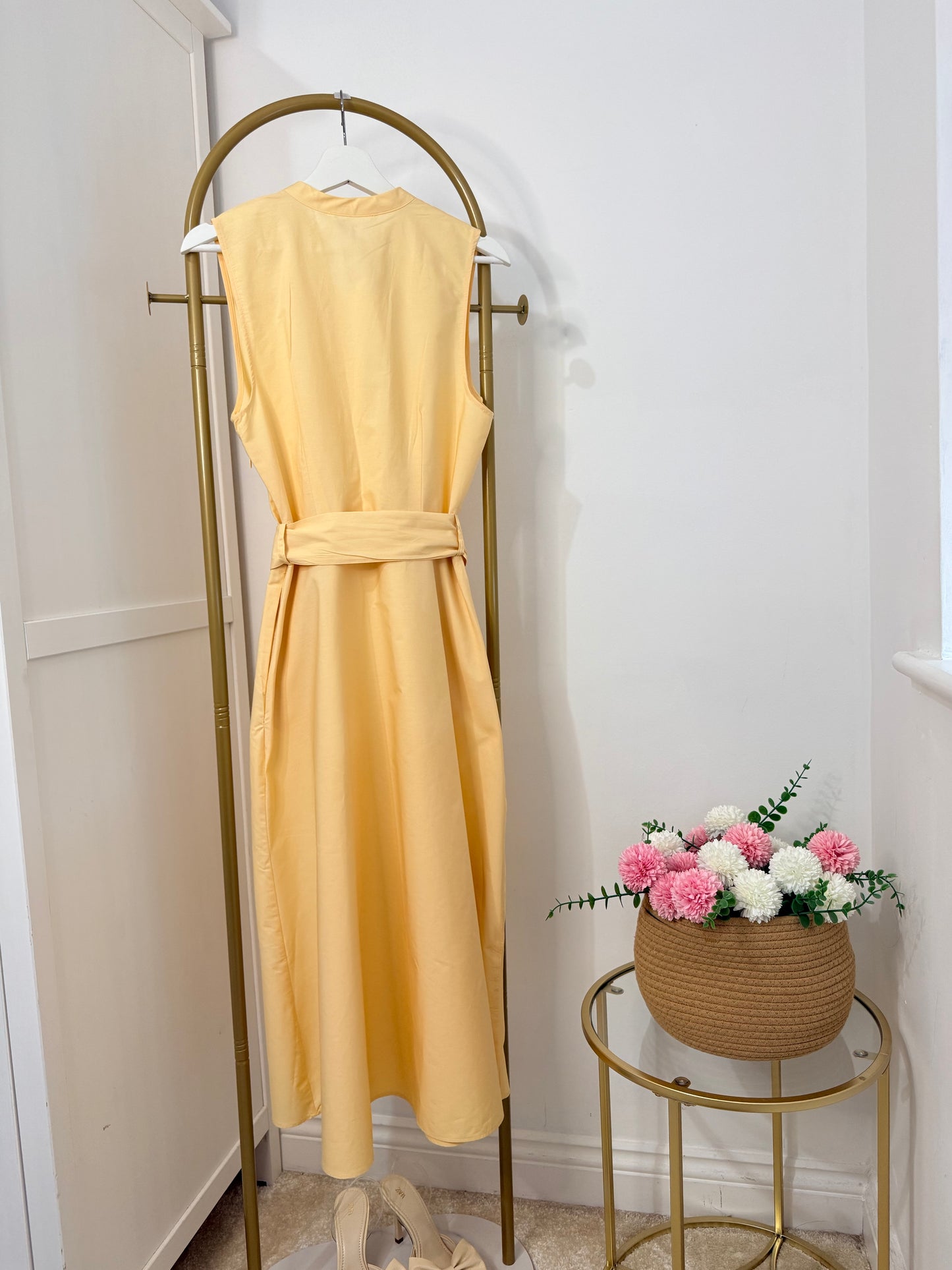 Zara yellow sleeveless poplin belted midi dress 5029/128