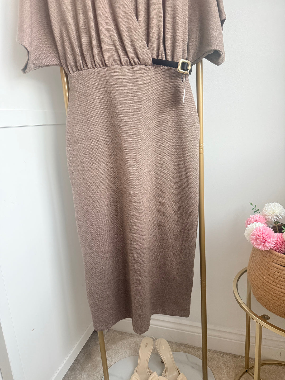     Zara brown knit midi dress skirt and belt detail