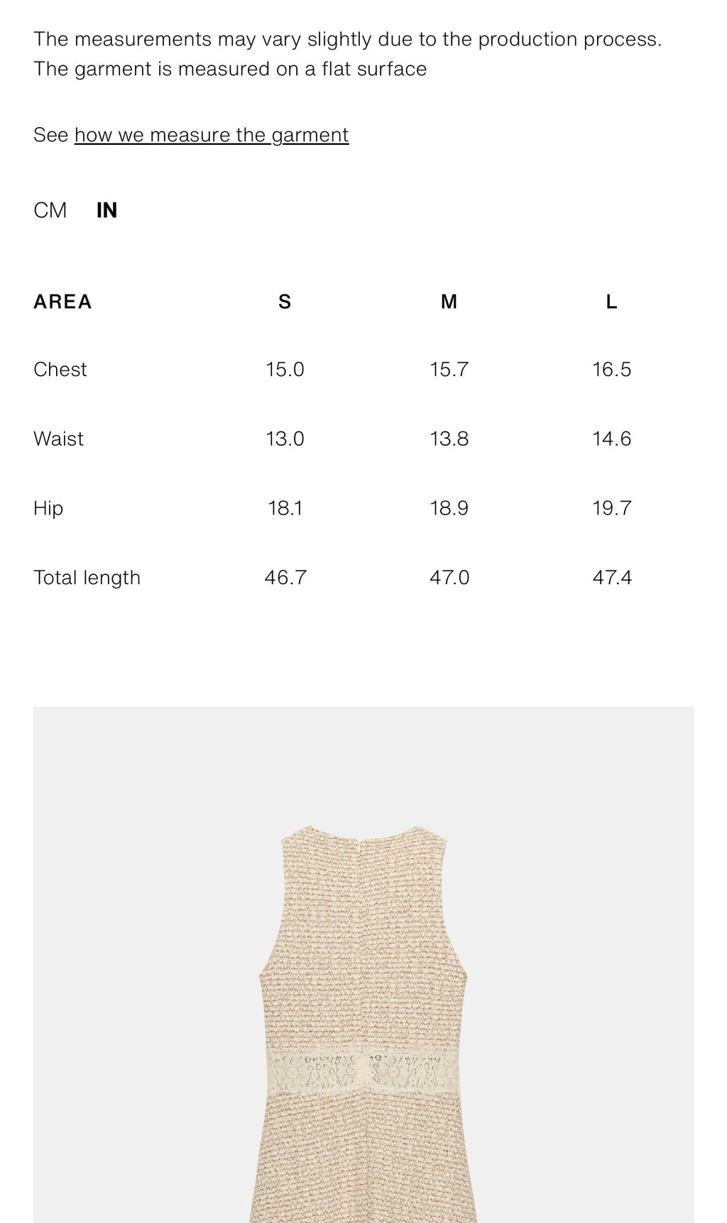     Zara beige sleeveless knit lace midi dress size guide