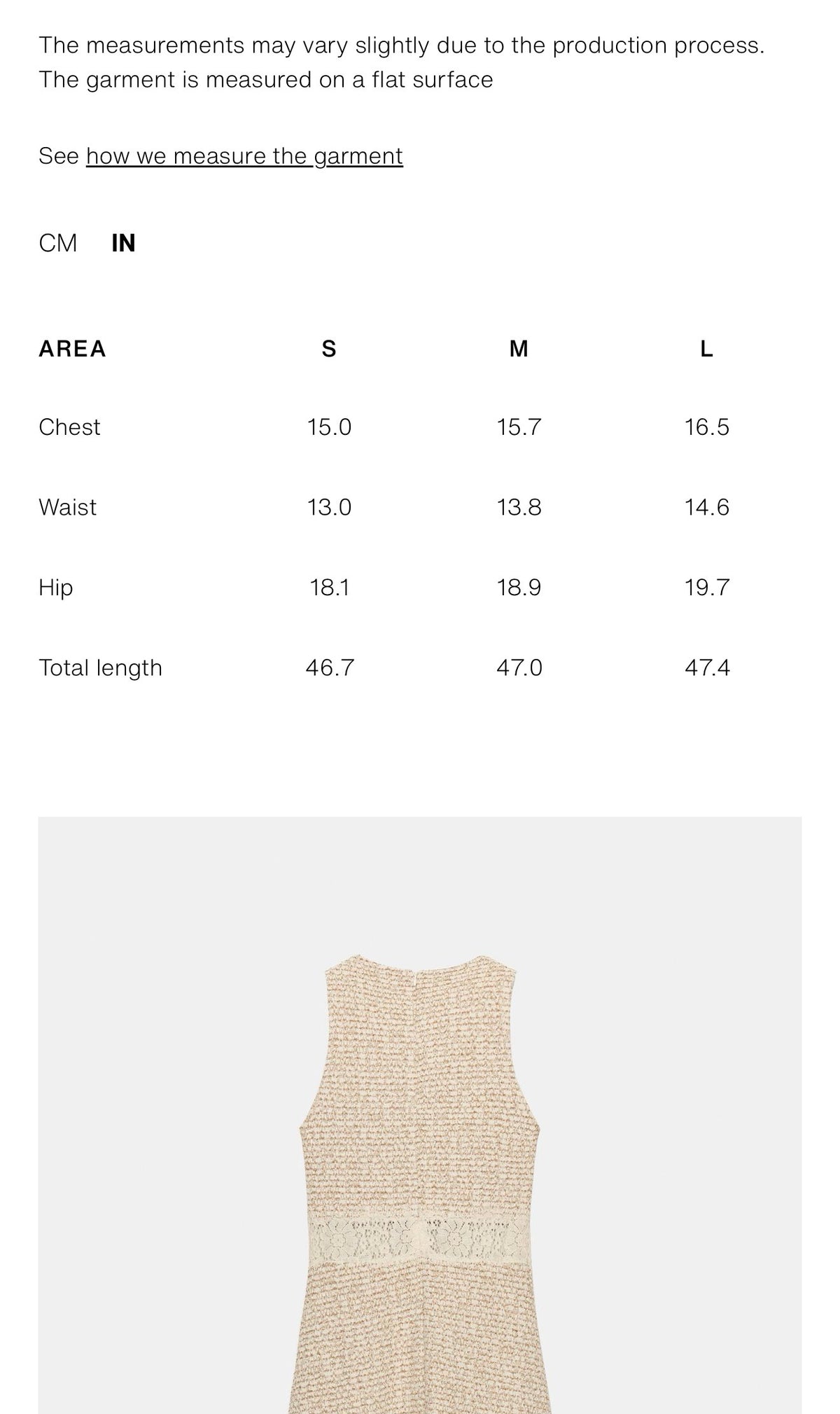     Zara beige sleeveless knit lace midi dress size guide