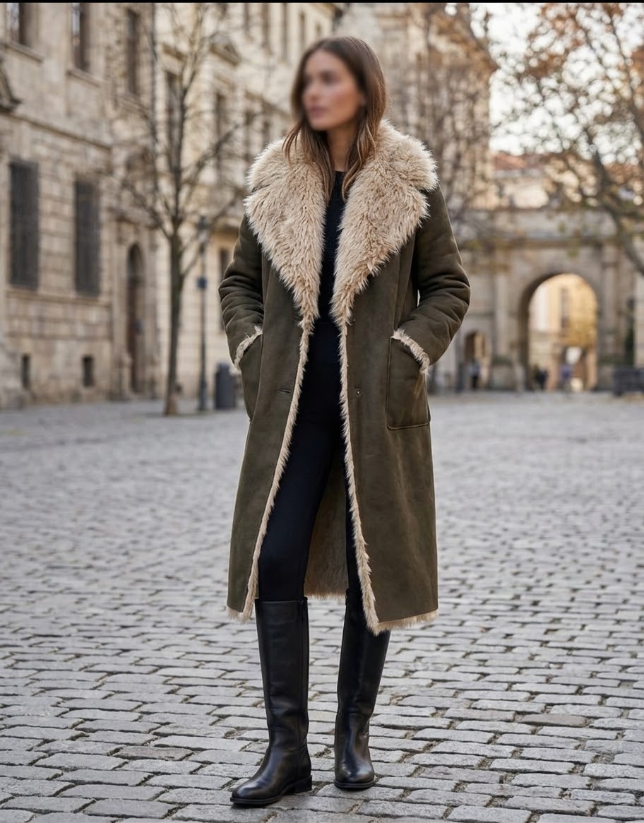     Woman wearing Zara brown reversible faux fur coat