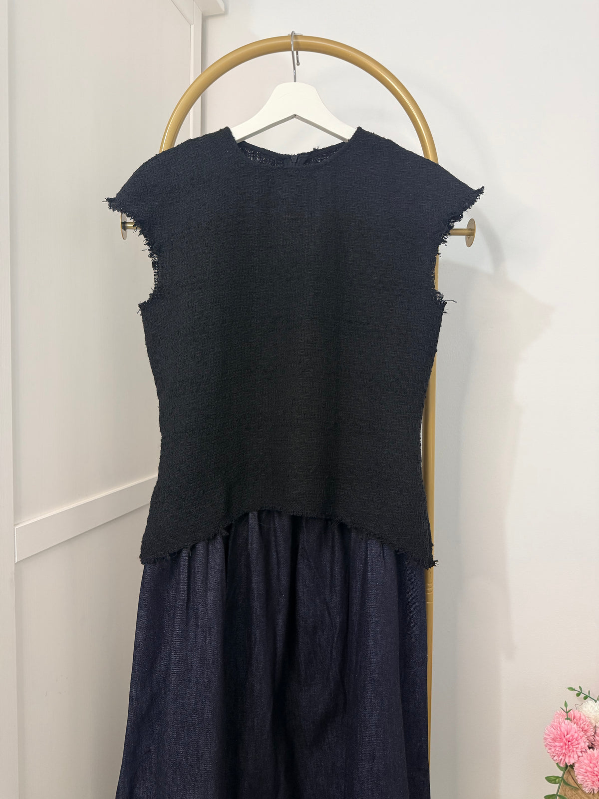 Tweed Denim Combined Sleeveless Midi Dress