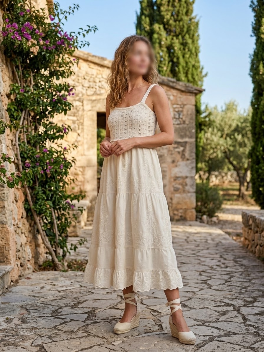 Cream Crochet Embroidered Midi Dress