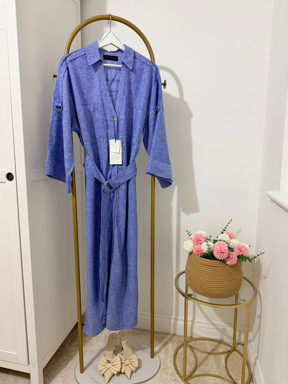 Blue Linen Belted Shirt Dress