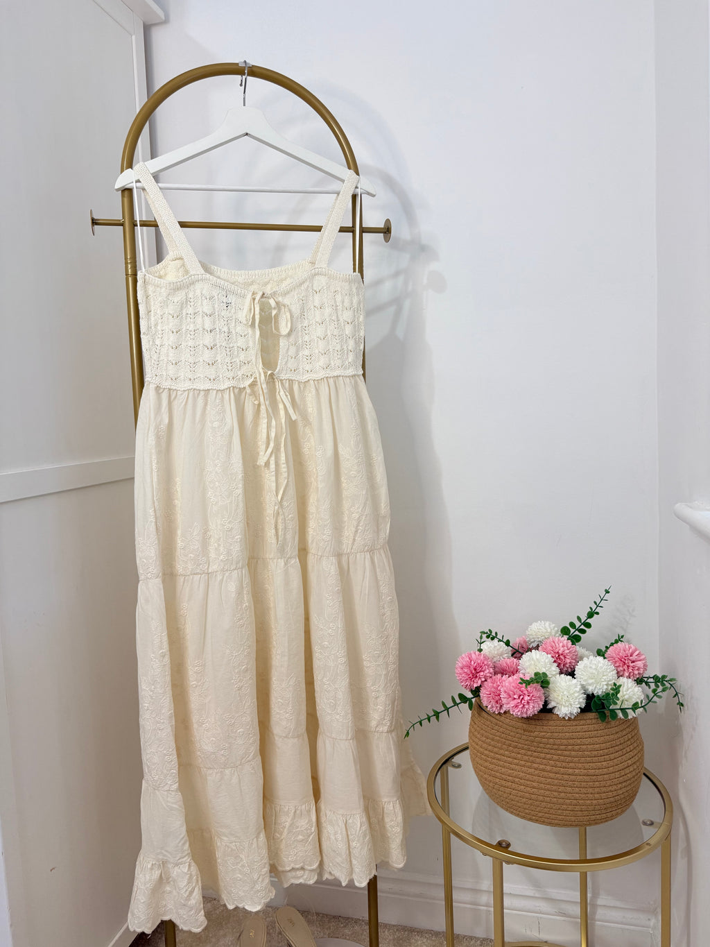 Cream Crochet Embroidered Midi Dress