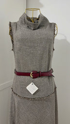     Zara beige tweed dress with burgundy belt close-up