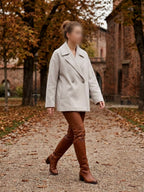     Woman wearing Zara beige oversized double breasted coat outdoors in autumn