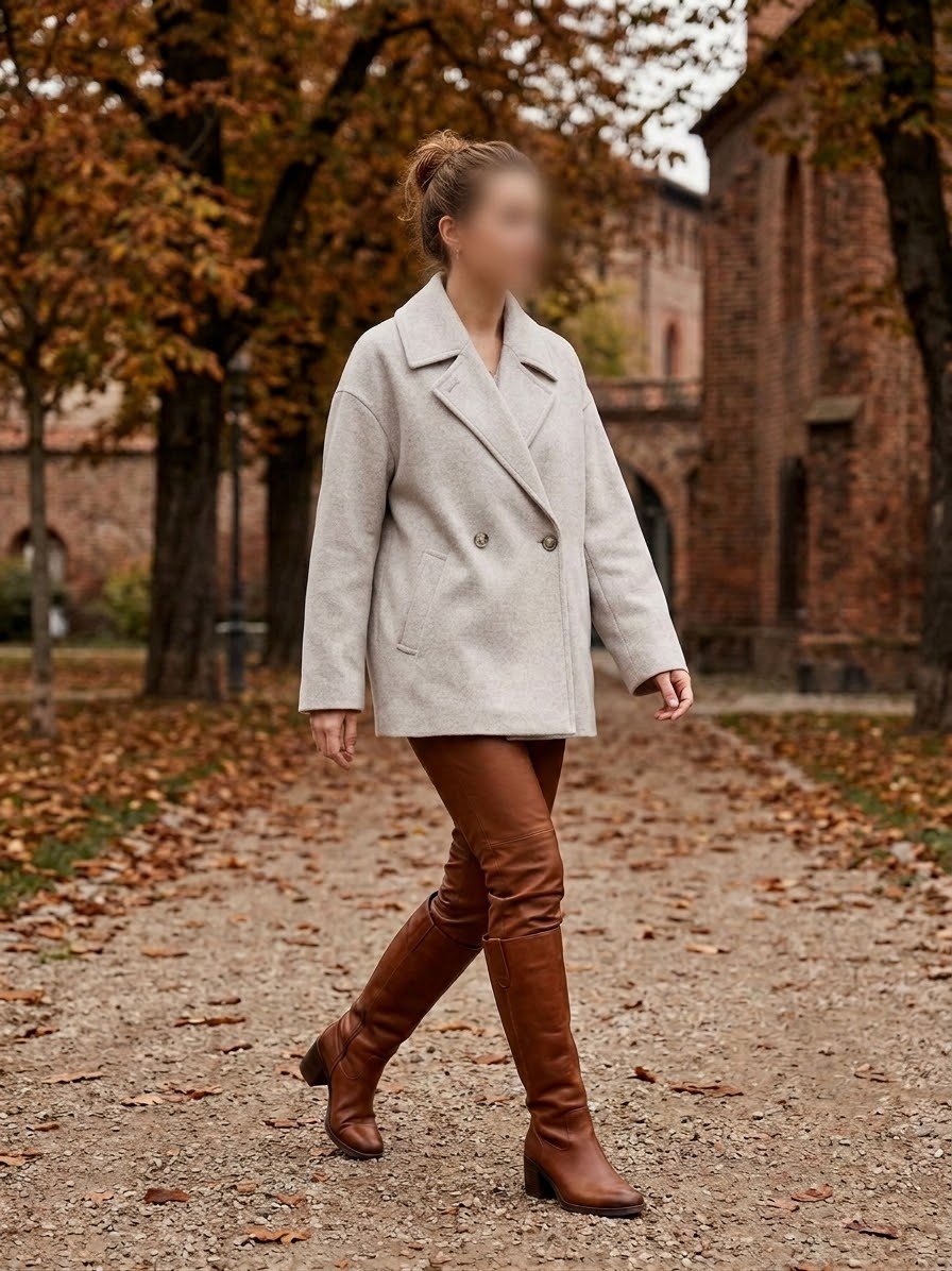     Woman wearing Zara beige oversized double breasted coat outdoors in autumn