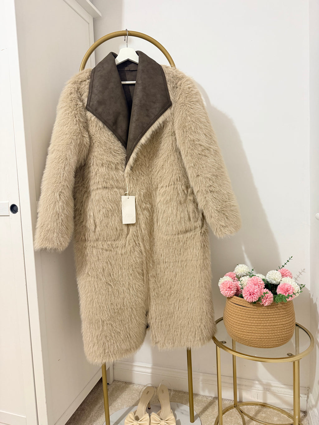     Zara beige faux fur reversible coat front view