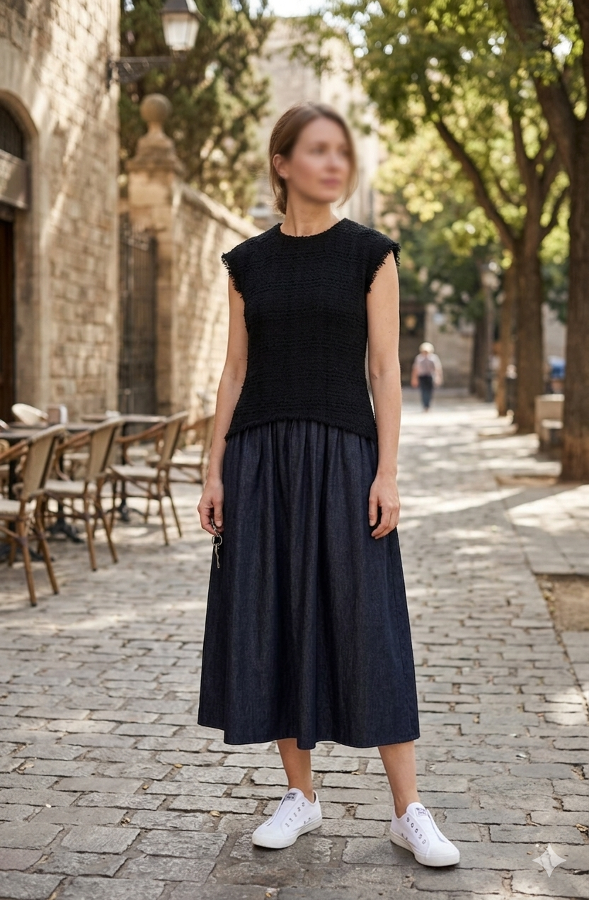 Tweed Denim Combined Sleeveless Midi Dress
