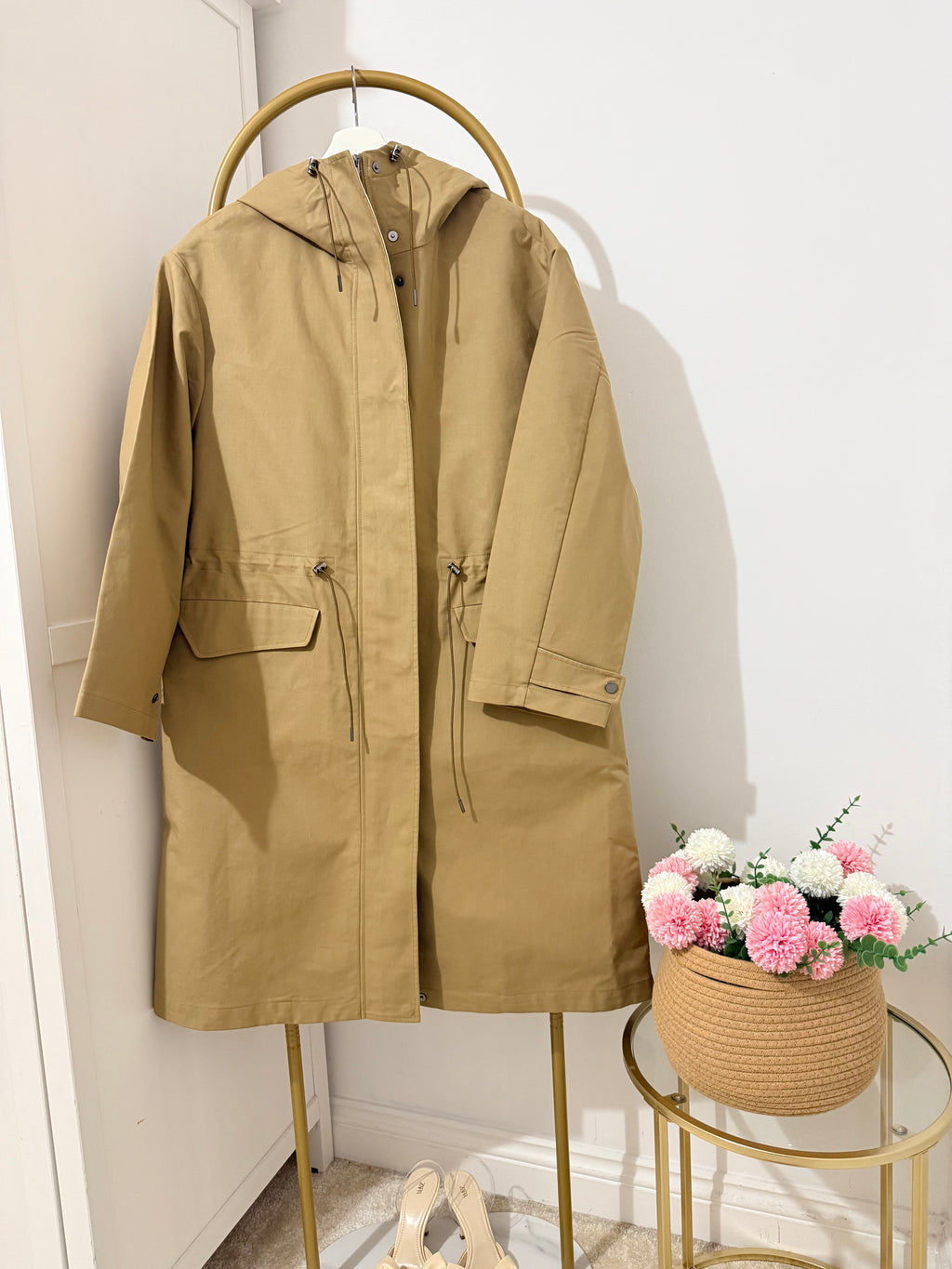     Zara beige hooded long trench coat front view