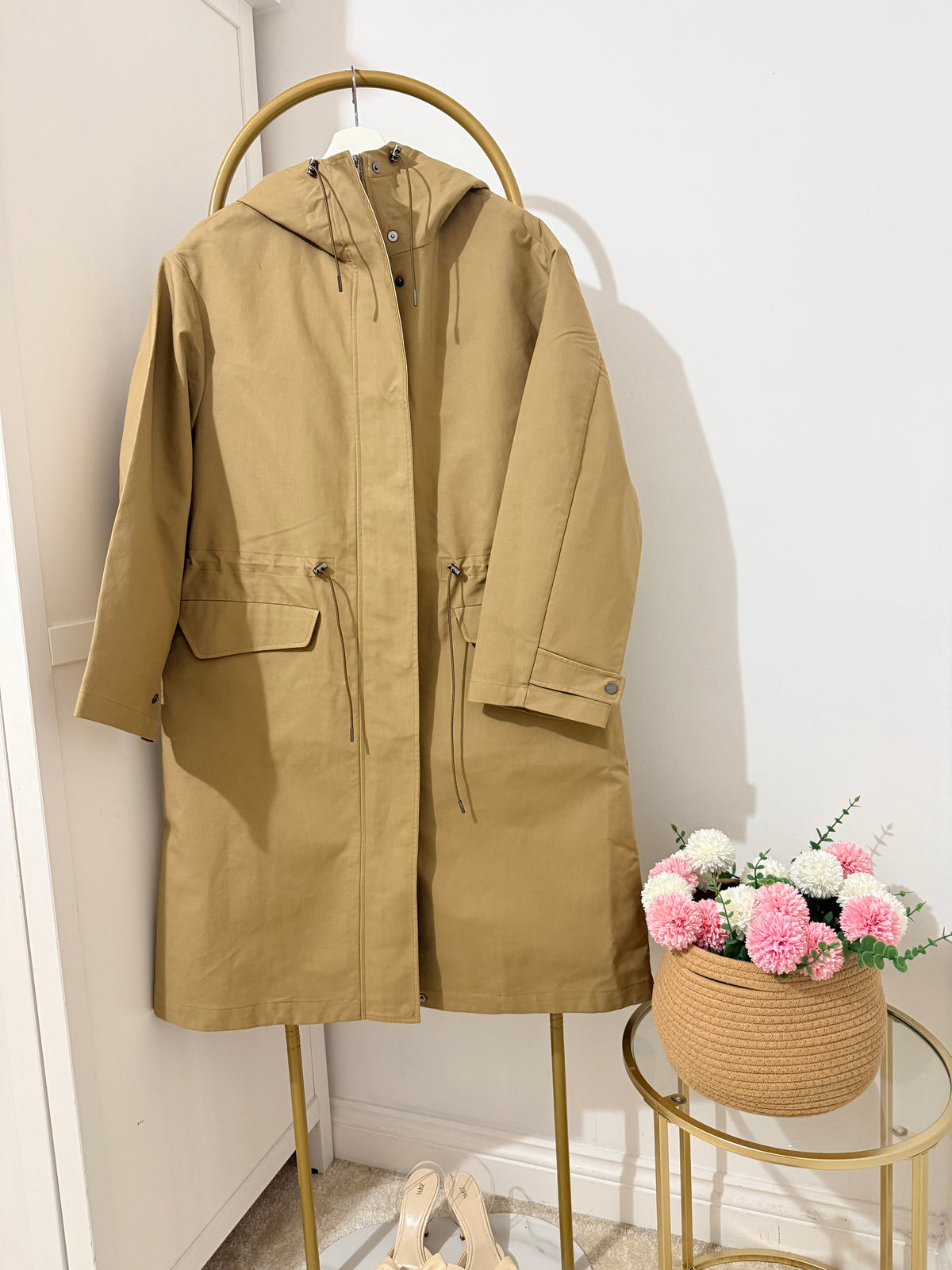     Zara beige hooded long trench coat front view