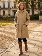     Zara beige padded hooded long trench coat styled on model