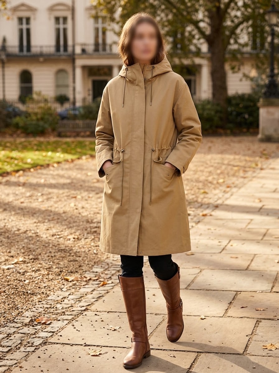     Zara beige padded hooded long trench coat styled on model