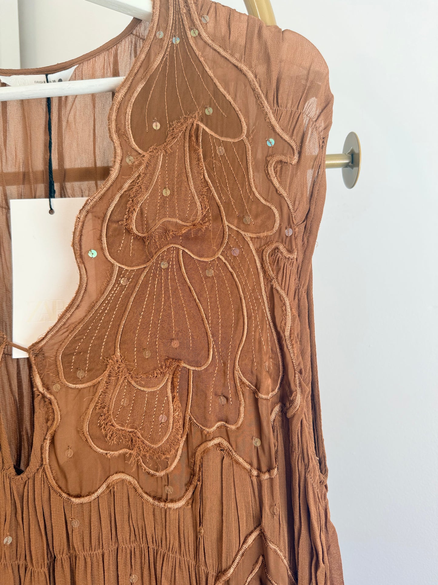 Zara brown embroidered sequins midi dress