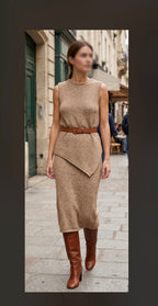     Model wearing Zara beige knit sleeveless top and skirt co-ord set