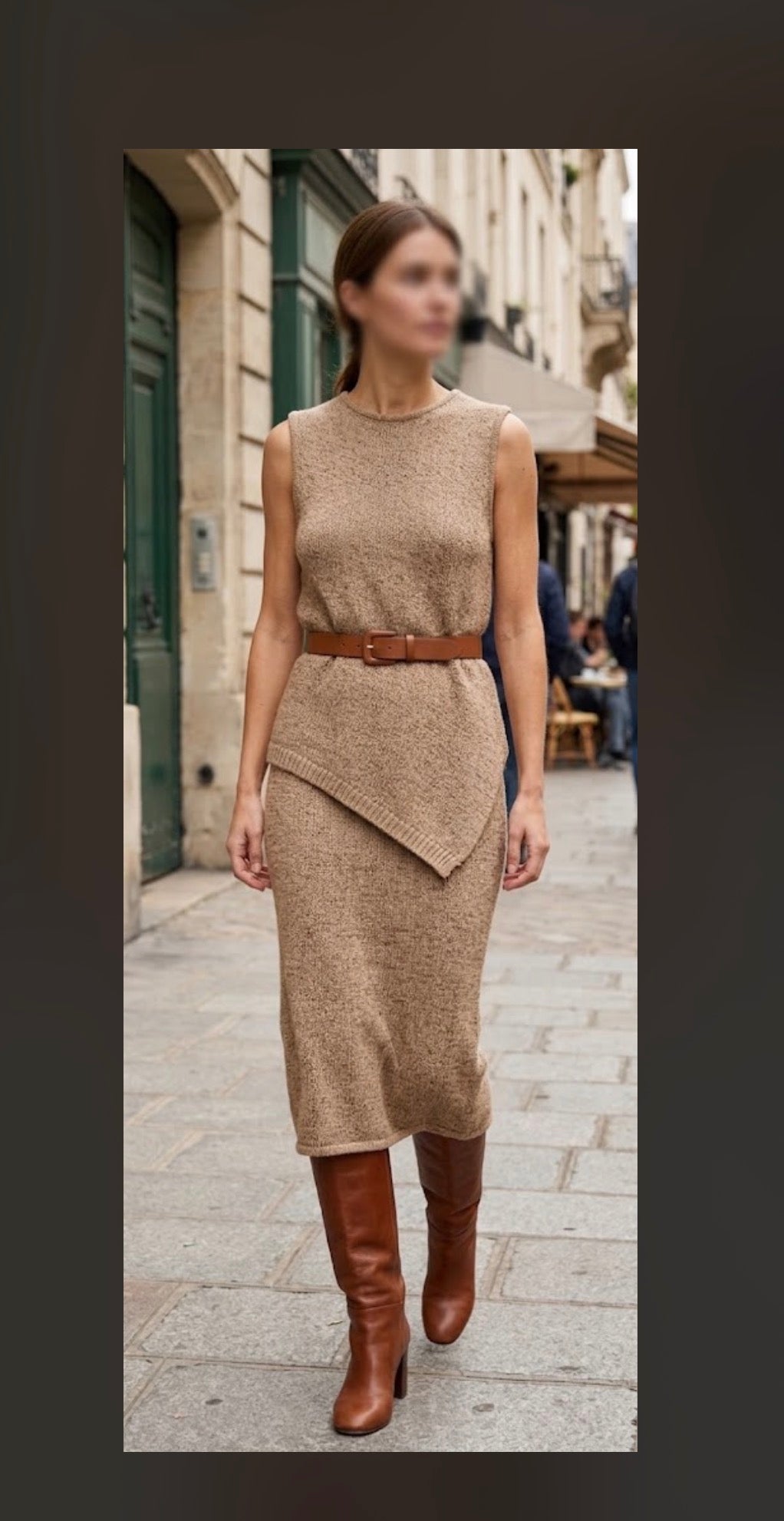     Model wearing Zara beige knit sleeveless top and skirt co-ord set