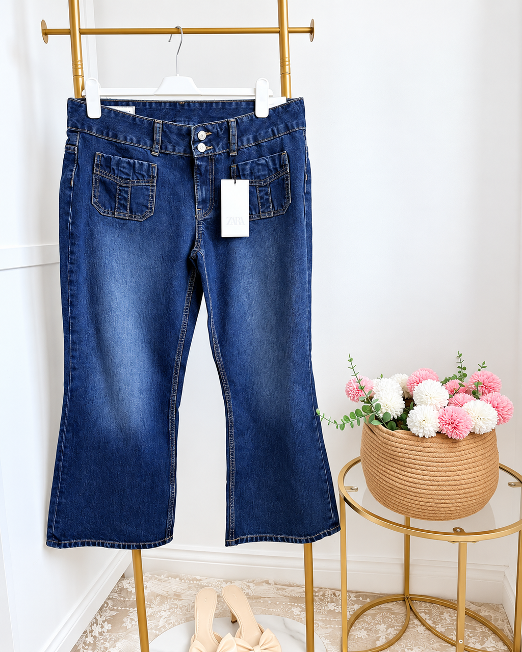     Zara navy blue flare jeans front view