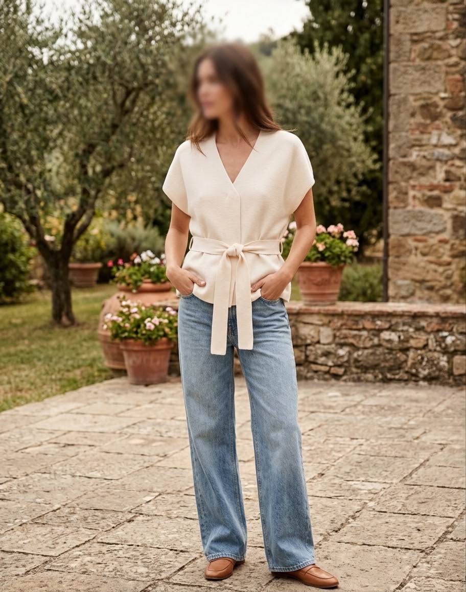     Woman wearing Zara cream knit belted waistcoat with jeans outdoors
